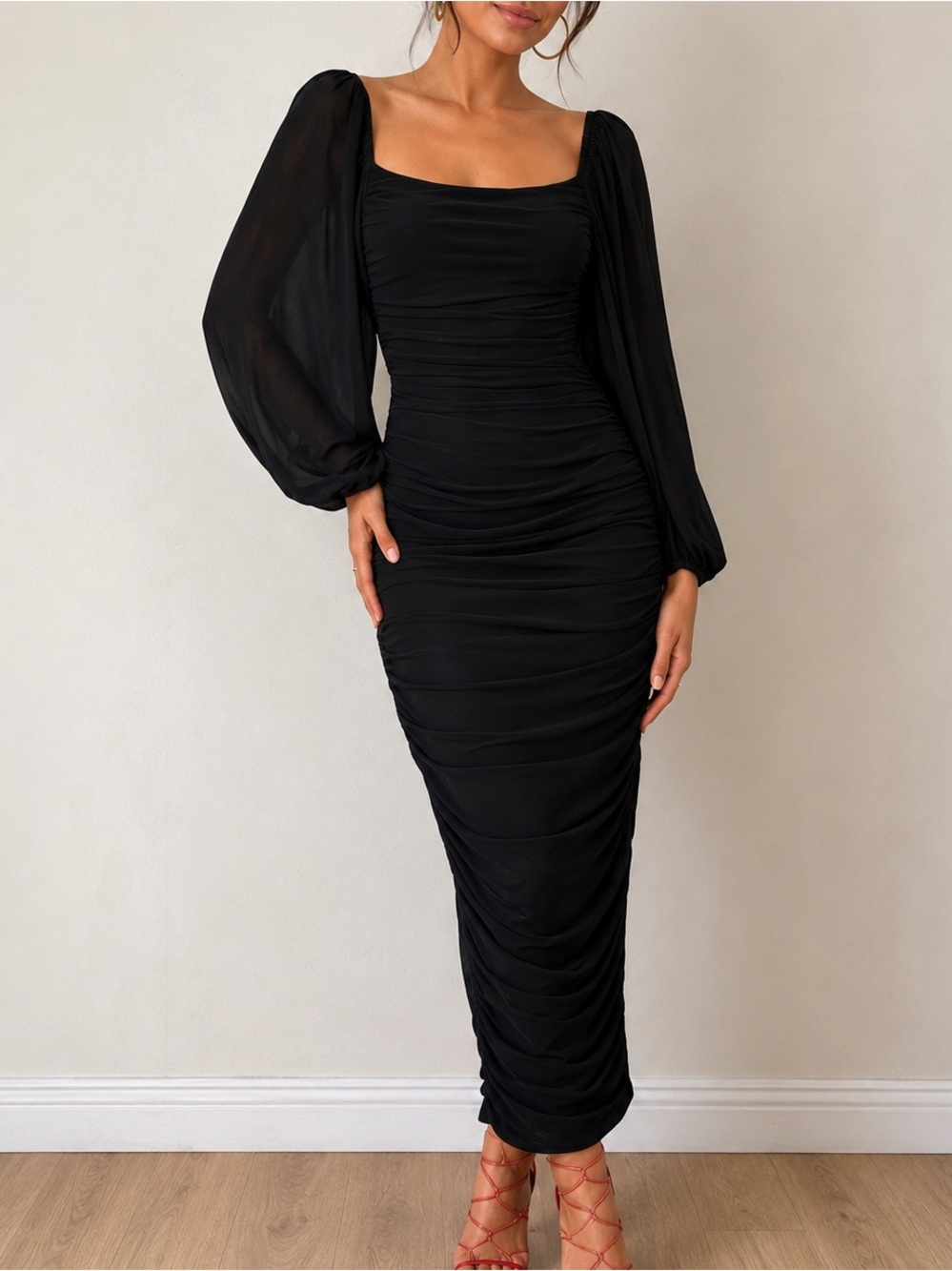 Merokeety Black Ruched Bodycon Midi Dress Sheer Long Sleeve Scoop Neck Large